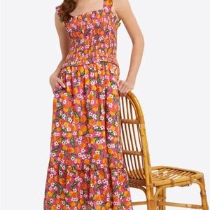 DRAPER JAMES Kimberly Smocked Midi Dress Orange Blossom in Dixie Rose Size L